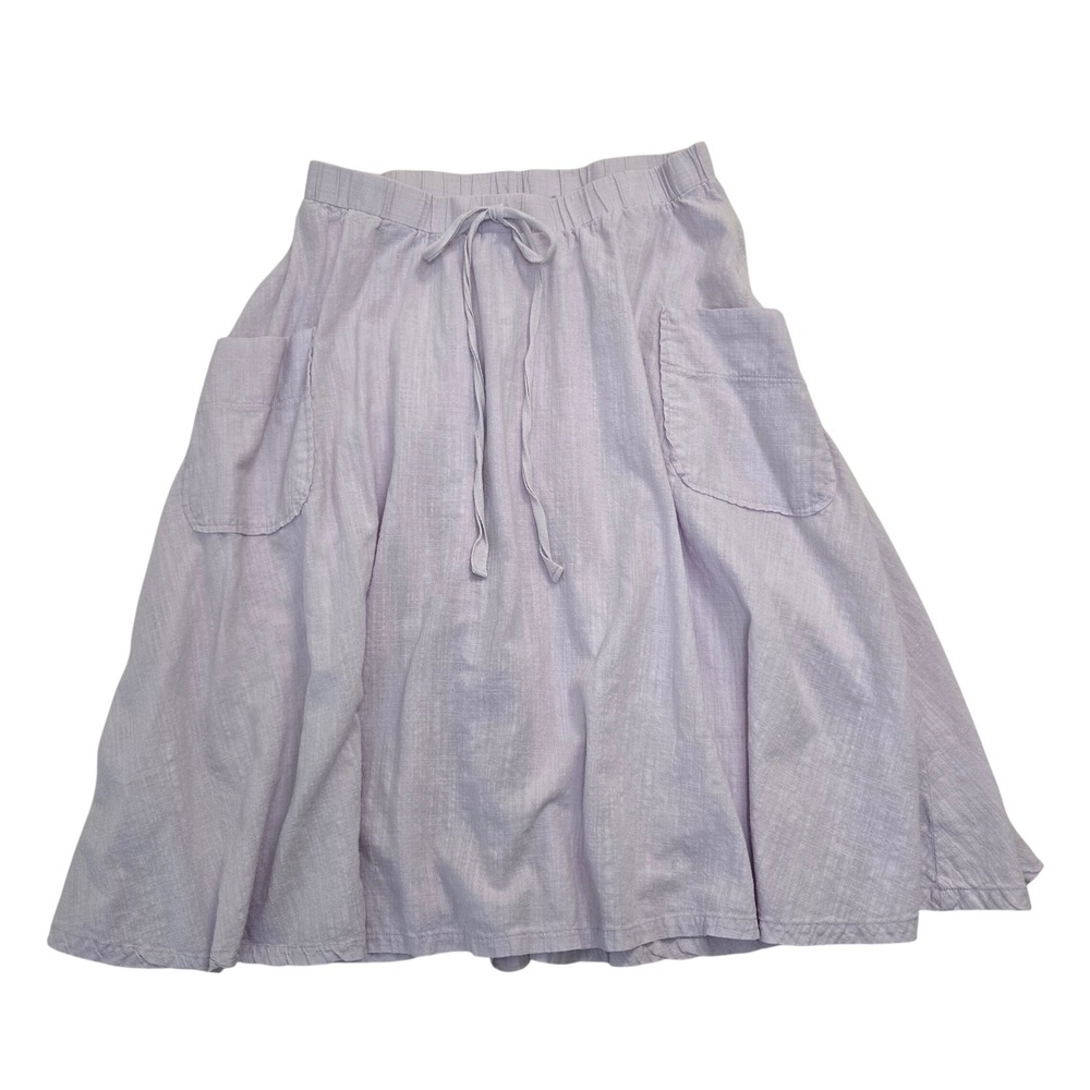 Lavender Cotton Midi Skirt Elastic Drawstring Waist Patch Pockets Purple Large